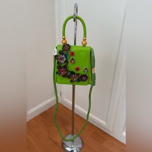 Bright Green Embellished Mini Handbag with Floral Accents
